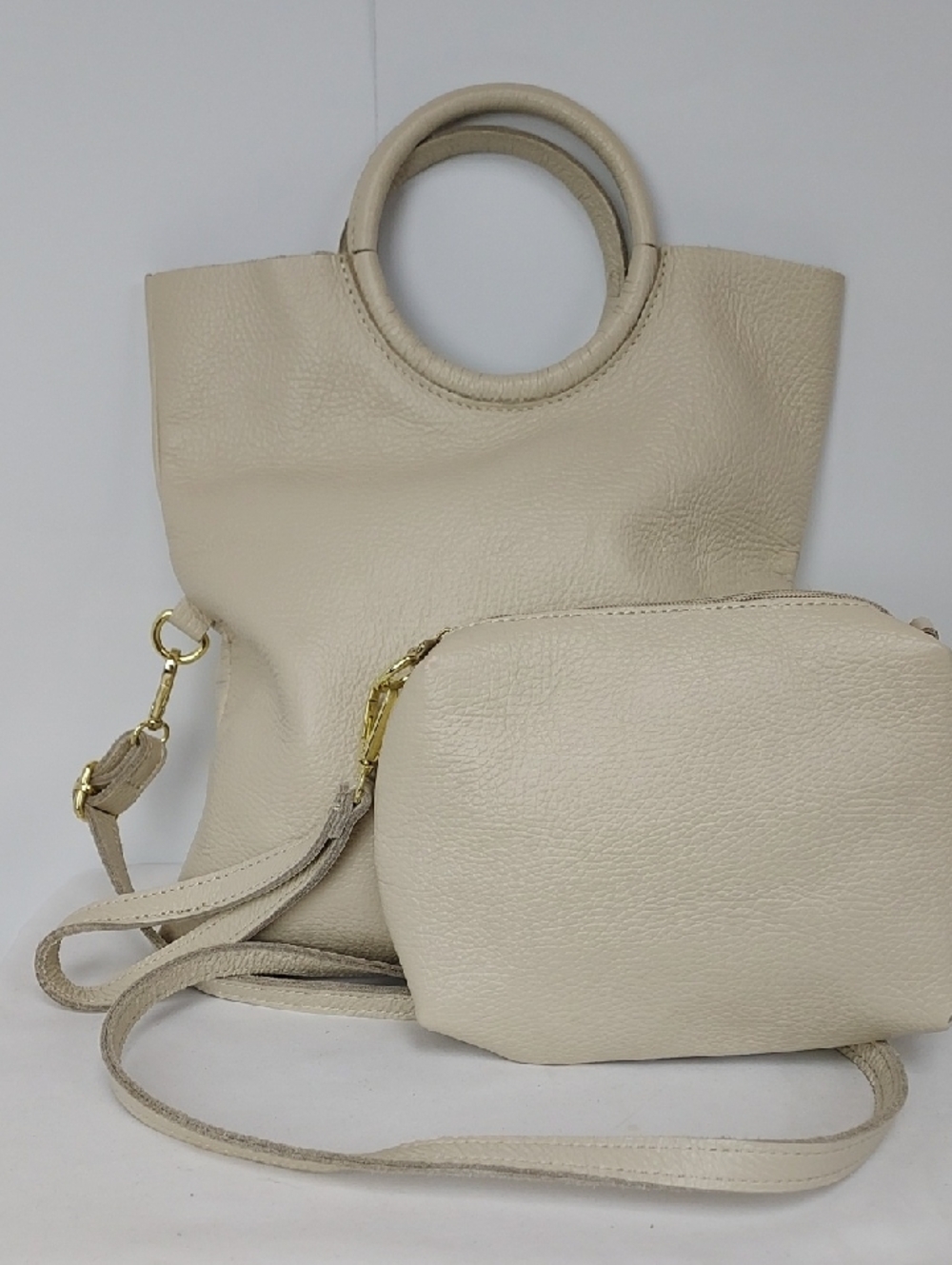 Vera Pelle Cream Leather Fold Over Crossbody Bag with Removable Crossbody Pouch
